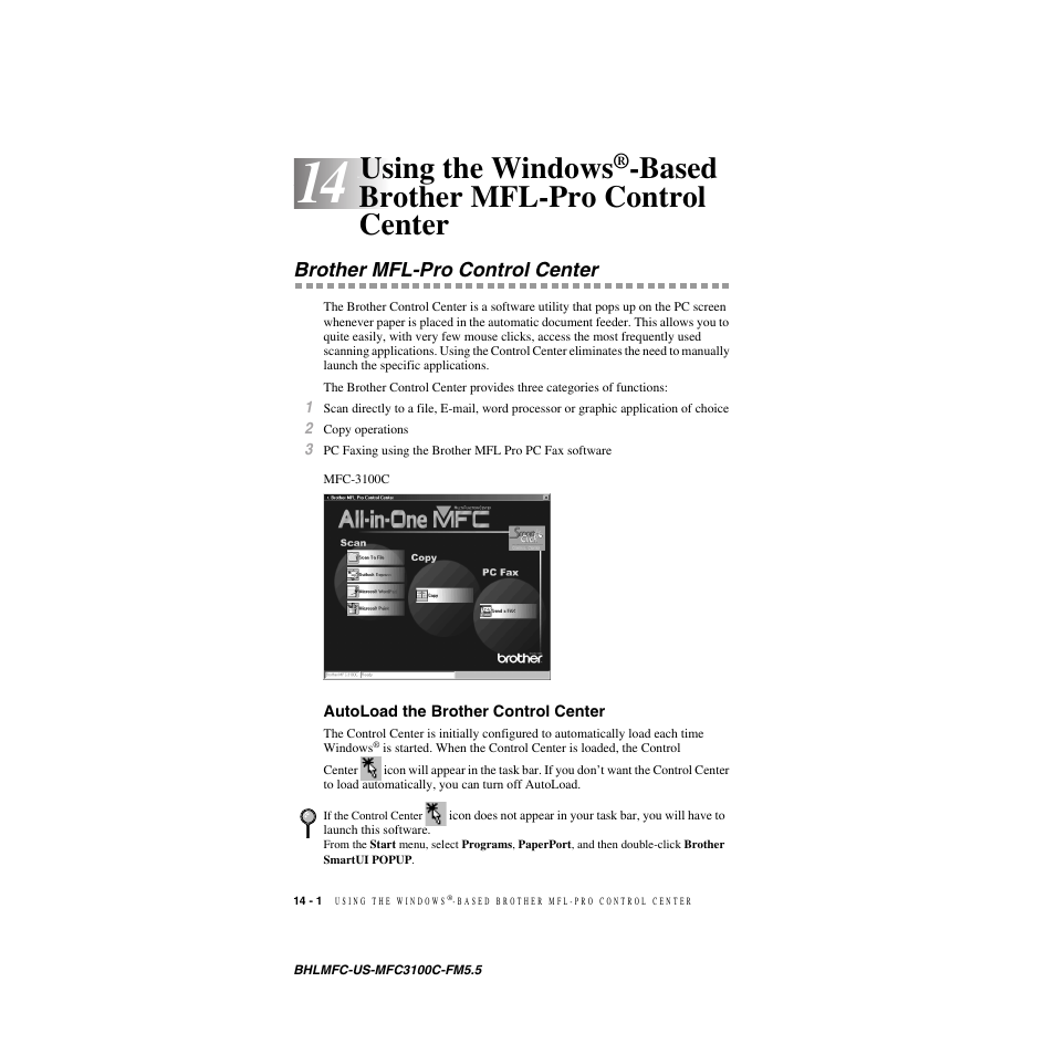 Brother mfl-pro control center, Autoload the brother control center, Using the windows | Based brother mfl-pro control center, Brother mfl-pro control center -1, Autoload the brother control center -1 | Brother MFC-3100C User Manual | Page 118 / 210