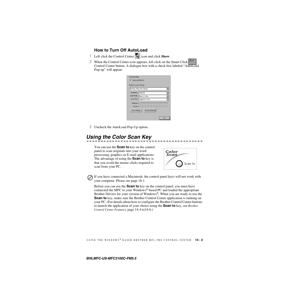 How to turn off autoload, Using the color scan key, How to turn off autoload -2 | Using the color scan key -2 | Brother MFC-3100C User Manual | Page 119 / 210