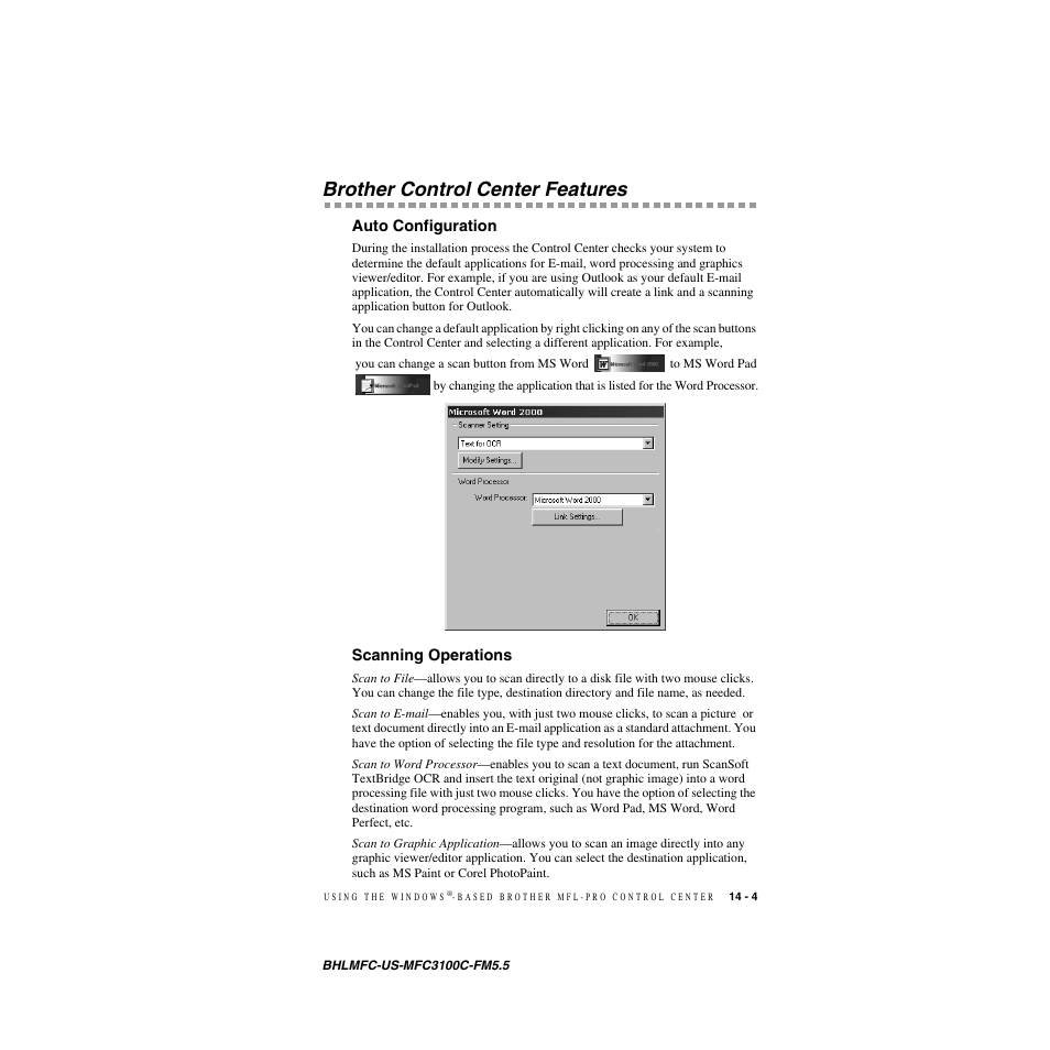 Brother control center features, Auto configuration, Scanning operations | Brother control center features -4, Auto configuration -4 scanning operations -4, Brother, Control center features | Brother MFC-3100C User Manual | Page 121 / 210