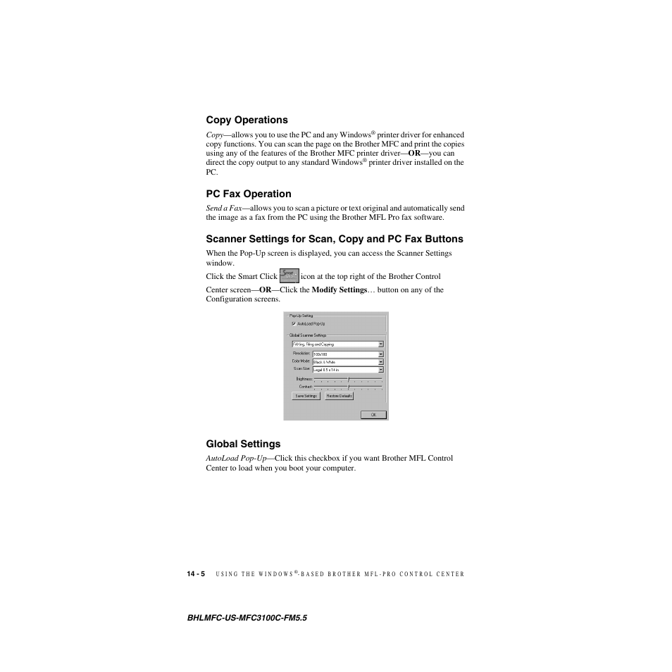 Copy operations, Pc fax operation, Scanner settings for scan, copy and pc fax buttons | Global settings | Brother MFC-3100C User Manual | Page 122 / 210