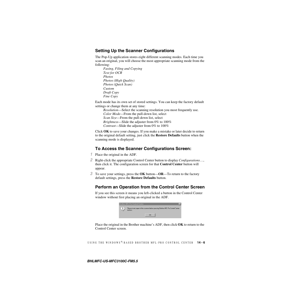 Setting up the scanner configurations, To access the scanner configurations screen, To14-6 | Brother MFC-3100C User Manual | Page 123 / 210