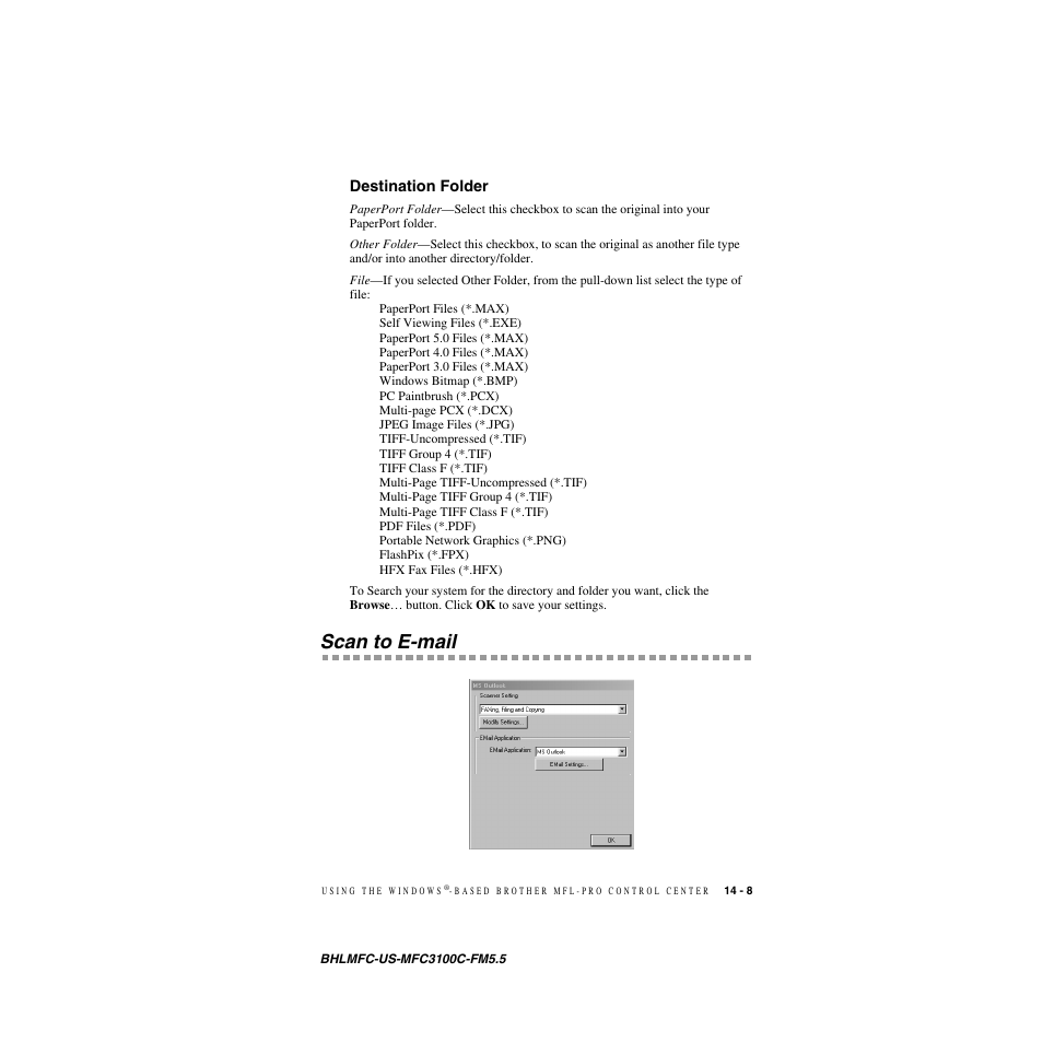 Destination folder, Scan to e-mail, Destination folder -8 | Scan to e-mail -8 | Brother MFC-3100C User Manual | Page 125 / 210