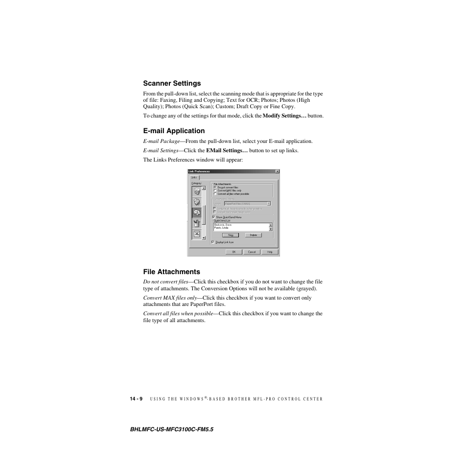 Scanner settings, E-mail application, File attachments | Brother MFC-3100C User Manual | Page 126 / 210