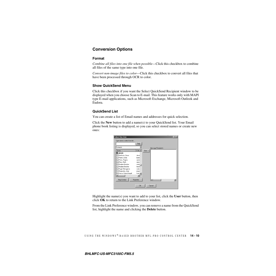 Conversion options, Format, Show quicksend menu | Quicksend list, Conversion options -10 | Brother MFC-3100C User Manual | Page 127 / 210