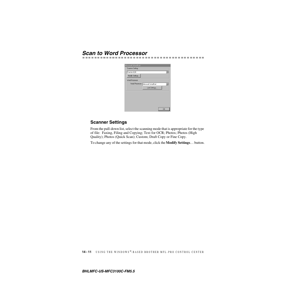 Scan to word processor, Scanner settings, Scan to word processor -11 | Scanner settings -11 | Brother MFC-3100C User Manual | Page 128 / 210