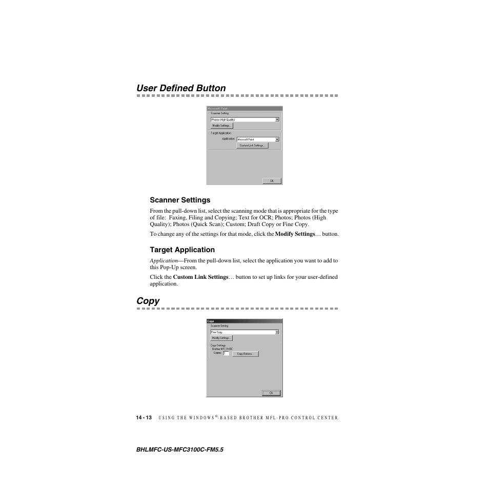 User defined button, Scanner settings, Target application | Copy, User defined button -13, Scanner settings -13 target application -13, Copy -13 | Brother MFC-3100C User Manual | Page 130 / 210