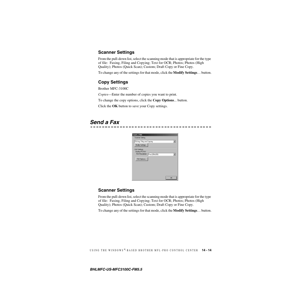 Scanner settings, Copy settings, Send a fax | Scanner settings -14 copy settings -14, Send a fax -14, Scanner settings -14 | Brother MFC-3100C User Manual | Page 131 / 210