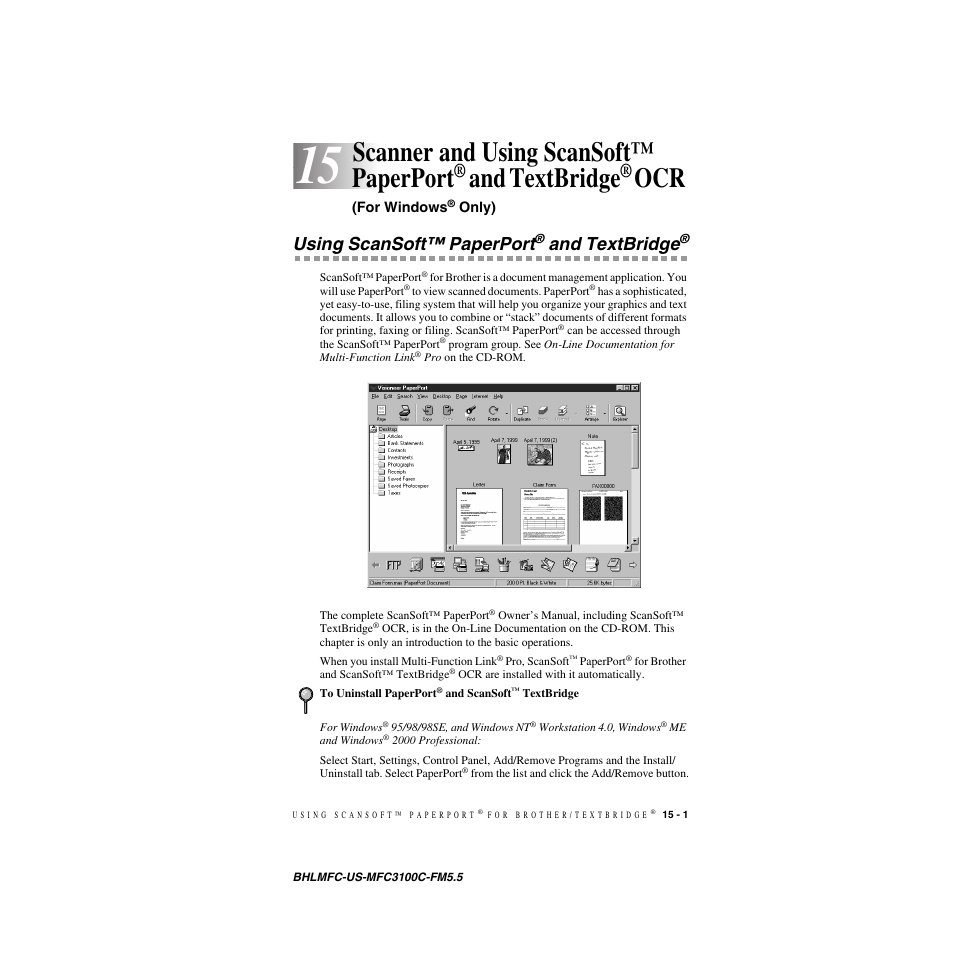 Using scansoft™ paperport® and textbridge, Scanner and using scansoft™ paperport, And textbridge | Ocr (for windows, Only) -1, Using scansoft™ paperport | Brother MFC-3100C User Manual | Page 133 / 210