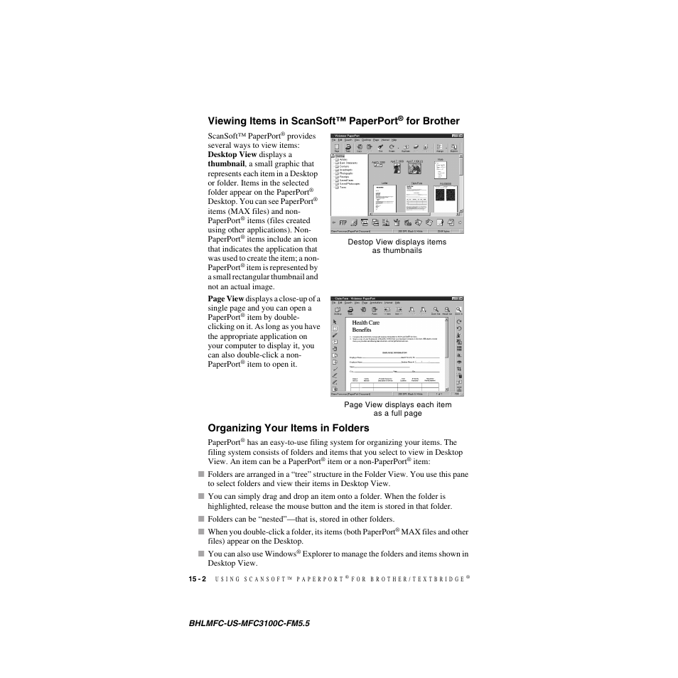 Viewing items in scansoft™ paperport® for brother, Organizing your items in folders, Viewing items in scansoft™ paperport | For brother -2, Organizing your items in folders -2, For brother | Brother MFC-3100C User Manual | Page 134 / 210