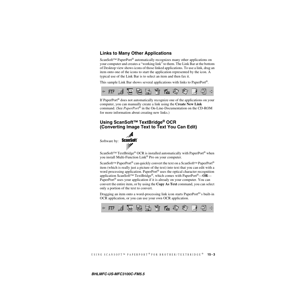 Links to many other applications, Converting image text to text you can edit) -3, Using scansoft™ textbridge | Ocr (converting image text to text you can edit) | Brother MFC-3100C User Manual | Page 135 / 210