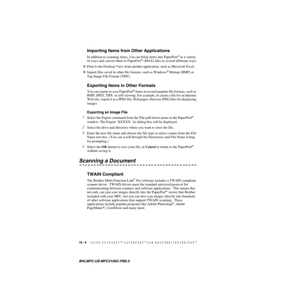 Importing items from other applications, Exporting items in other formats, Exporting an image file | Scanning a document, Twain compliant, Exporting an image file -4, Scanning a document -4, Twain compliant -4 | Brother MFC-3100C User Manual | Page 136 / 210