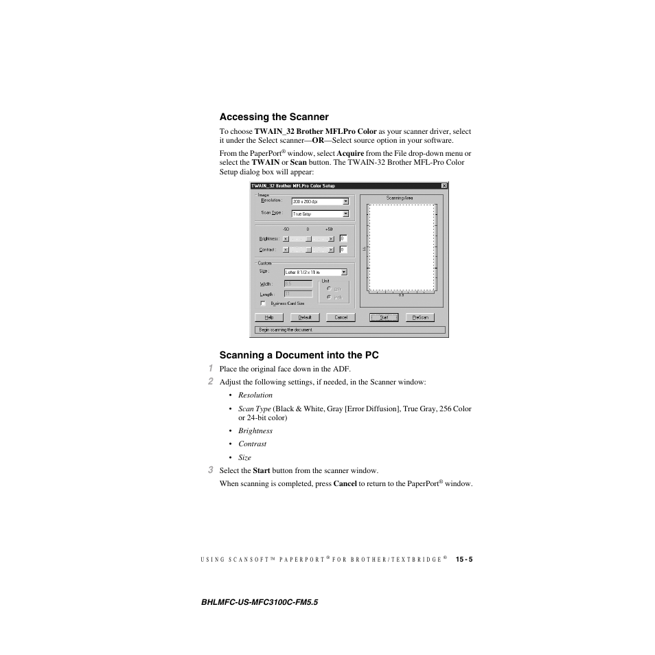 Accessing the scanner, Scanning a document into the pc | Brother MFC-3100C User Manual | Page 137 / 210