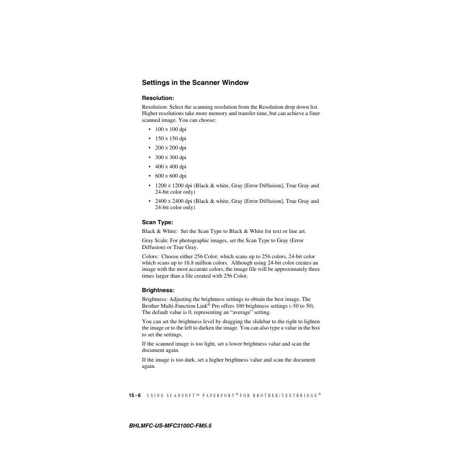 Settings in the scanner window, Resolution, Scan type | Brightness, Settings in the scanner window -6, Resolution: -6 scan type: -6 brightness: -6 | Brother MFC-3100C User Manual | Page 138 / 210