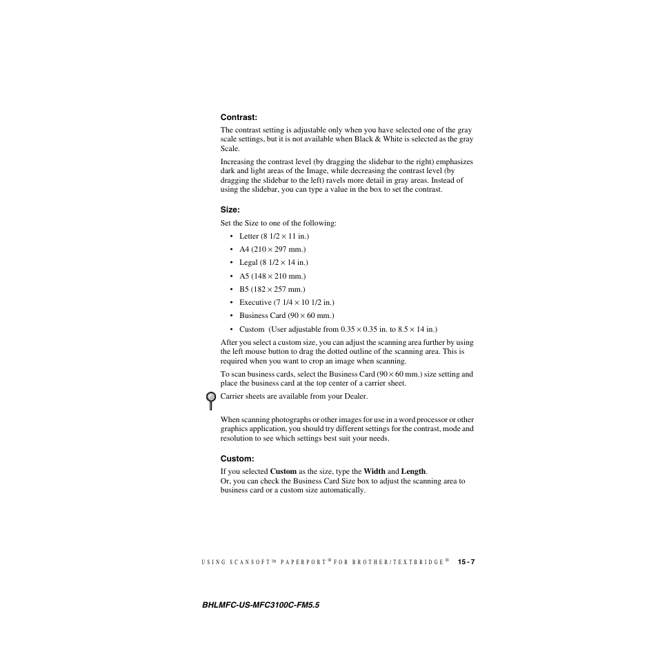 Contrast, Size, Custom | Contrast: -7 size: -7 custom: -7 | Brother MFC-3100C User Manual | Page 139 / 210