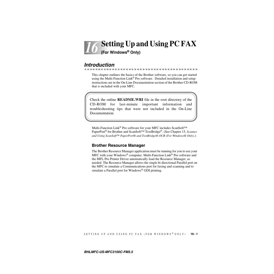 Setting up and using pc fax (for windows® only), Introduction, Brother resource manager | Setting up and using pc fax (for windows, Only) -1, Introduction -1, Brother resource manager -1, Setting up and using pc fax | Brother MFC-3100C User Manual | Page 141 / 210