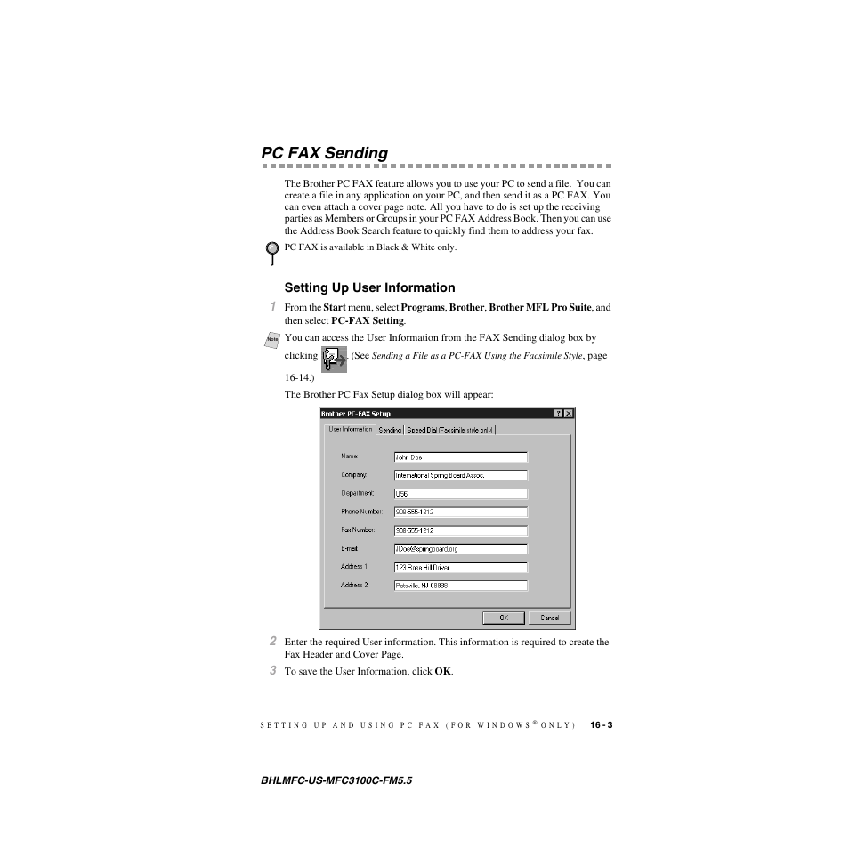 Pc fax sending, Setting up user information, Pc fax sending -3 | Setting up user information -3 | Brother MFC-3100C User Manual | Page 143 / 210