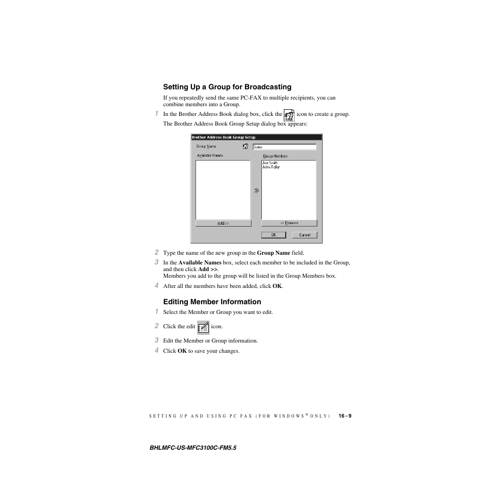 Setting up a group for broadcasting, Editing member information | Brother MFC-3100C User Manual | Page 149 / 210
