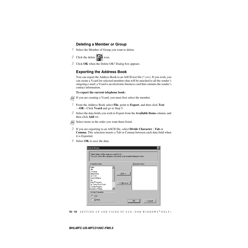 Deleting a member or group, Exporting the address book | Brother MFC-3100C User Manual | Page 150 / 210