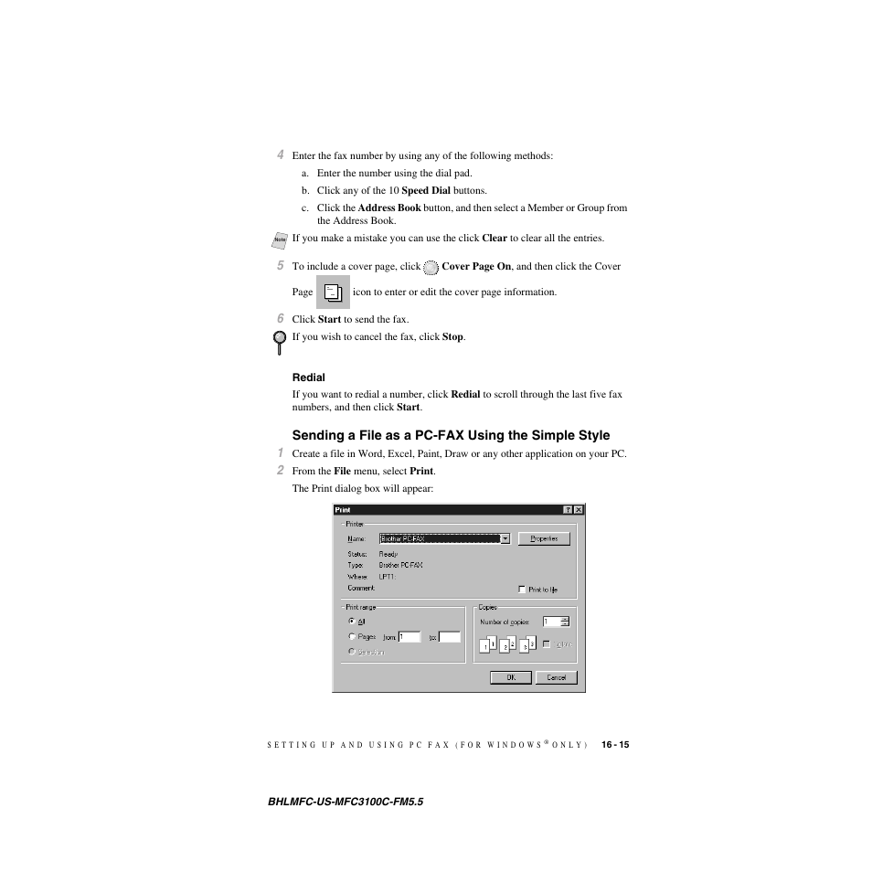 Redial, Sending a file as a pc-fax using the simple style, Redial -15 | Brother MFC-3100C User Manual | Page 155 / 210