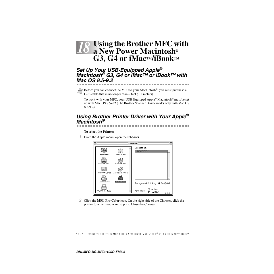 Using the brother mfc with a new power macintosh, G3, g4 or imac™/ibook™ -1, Set up your usb-equipped apple | Macintosh, G3, g4 or imac™ or ibook™ with mac os 8.5-9.2 -1, Using brother printer driver with your apple, G3, g4 or imac, Ibook | Brother MFC-3100C User Manual | Page 158 / 210