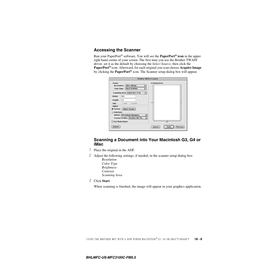 Accessing the scanner, Accessing the scanner -8, Scanning a document into your macintosh g3, g4 or | Imac -8 | Brother MFC-3100C User Manual | Page 165 / 210