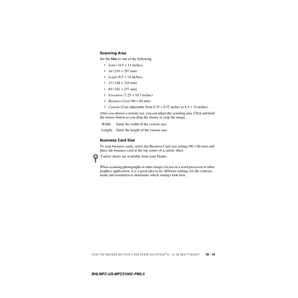 Scanning area, Business card size, Scanning area -10 business card size -10 | Brother MFC-3100C User Manual | Page 167 / 210