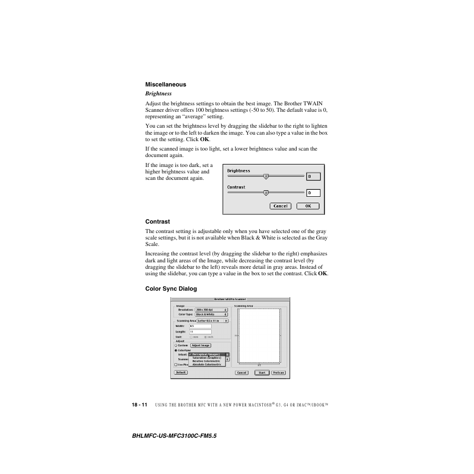 Miscellaneous, Contrast, Color sync dialog | Brother MFC-3100C User Manual | Page 168 / 210