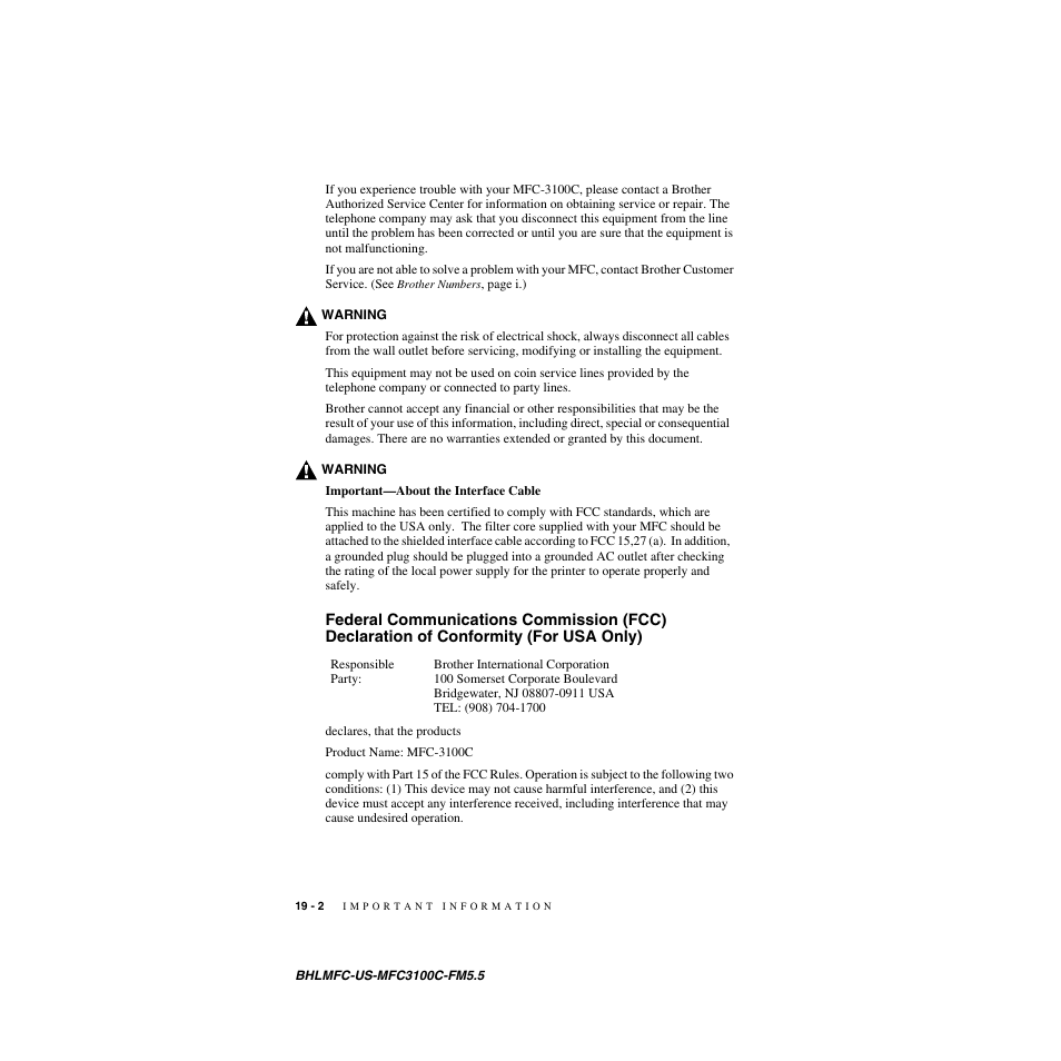 Federal communications commission (fcc), Declaration of conformity (for usa only) -2 | Brother MFC-3100C User Manual | Page 172 / 210