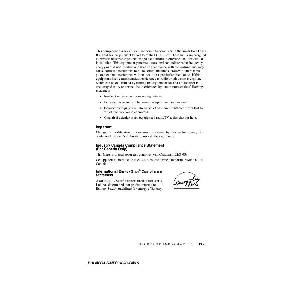 Important, International energy star® compliance statement, Important -3 industry canada compliance statement | For canada only) -3, International energy star, Compliance, Statement -3 | Brother MFC-3100C User Manual | Page 173 / 210