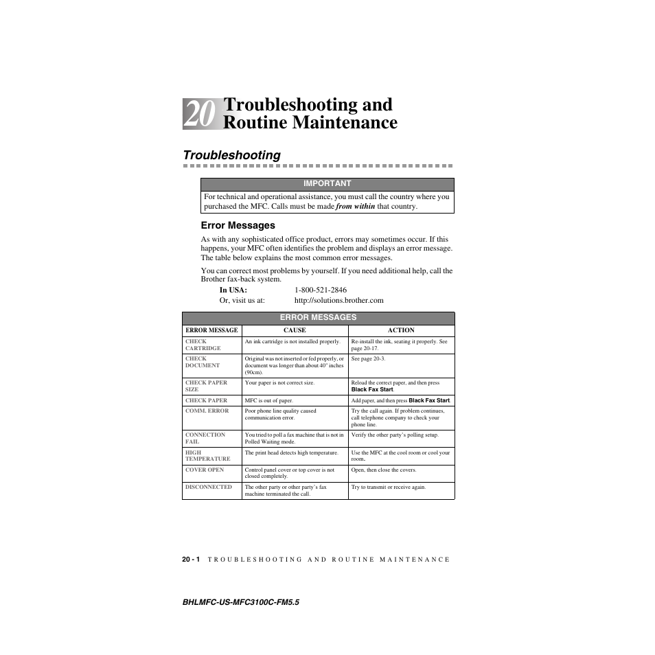 Troubleshooting and routine maintenance, Troubleshooting, Error messages | Troubleshooting and routine maintenance -1, Troubleshooting -1, Error messages -1 | Brother MFC-3100C User Manual | Page 176 / 210