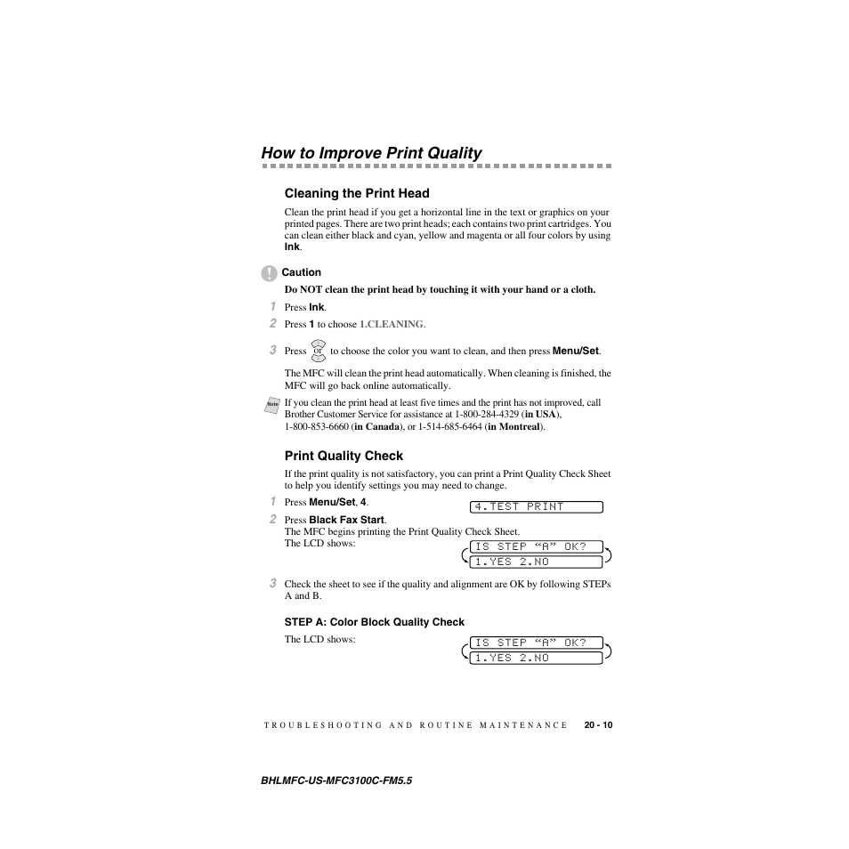 How to improve print quality, Cleaning the print head, Print quality check | Step a: color block quality check, How to improve print quality -10, Step a: color block quality check -10, To improve print quality | Brother MFC-3100C User Manual | Page 185 / 210
