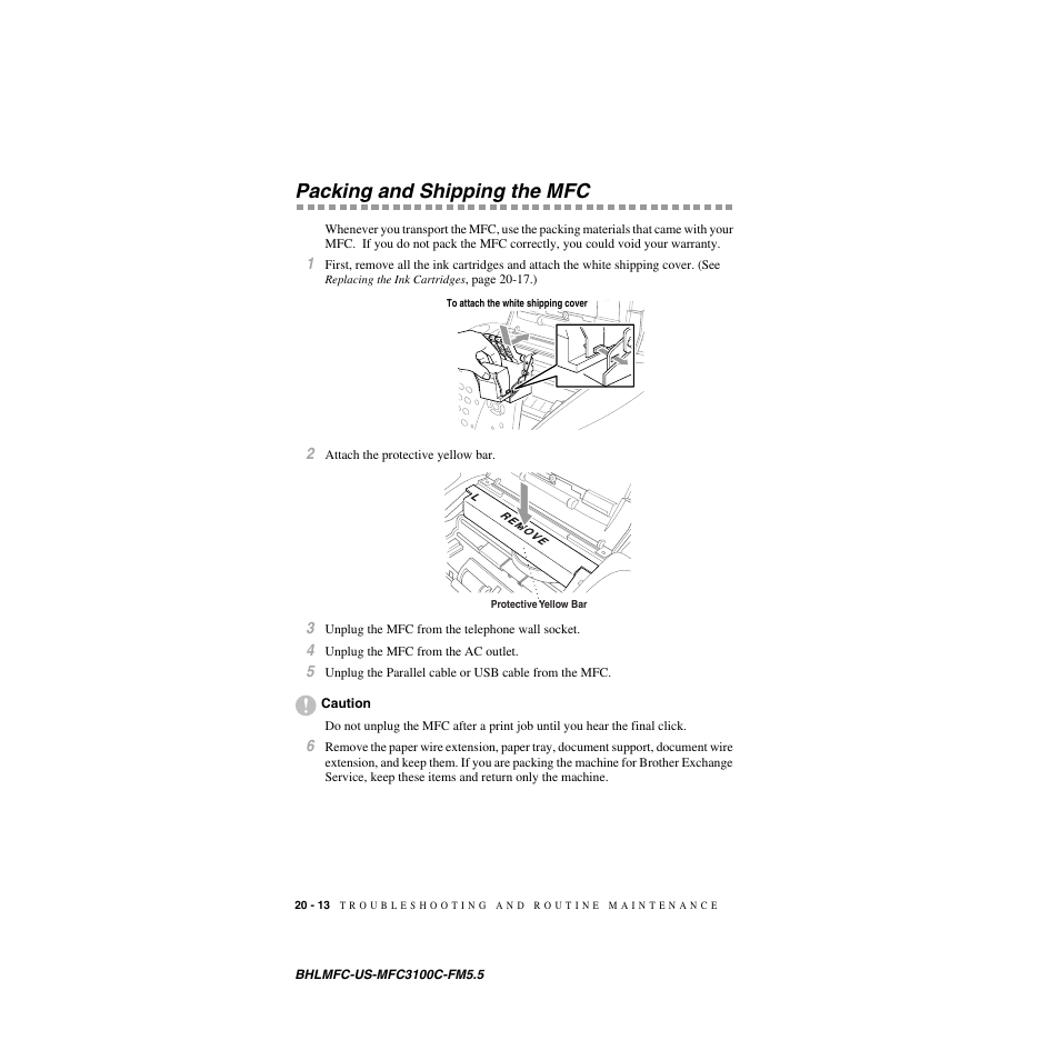 Packing and shipping the mfc, Packing and shipping the mfc -13 | Brother MFC-3100C User Manual | Page 188 / 210