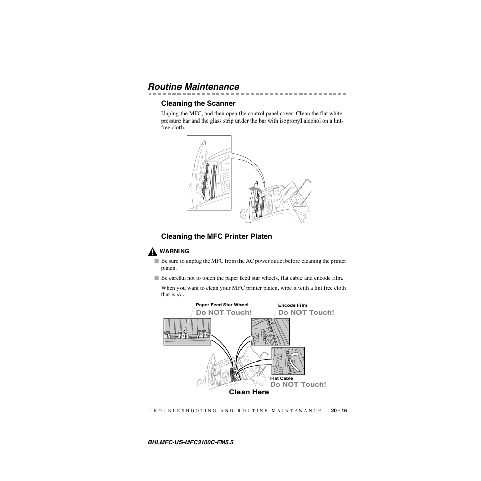 Routine maintenance, Cleaning the scanner, Cleaning the mfc printer platen | Routine maintenance -16 | Brother MFC-3100C User Manual | Page 191 / 210