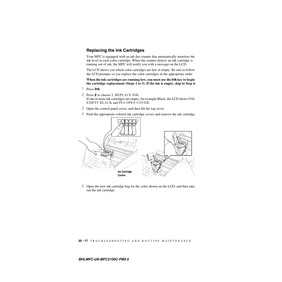 Replacing the ink cartridges, Replacing the ink cartridges -17 | Brother MFC-3100C User Manual | Page 192 / 210