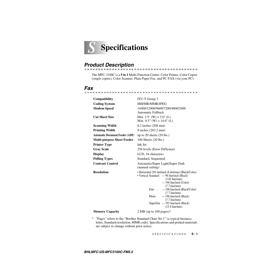 Specifications, Product description | Brother MFC-3100C User Manual | Page 195 / 210