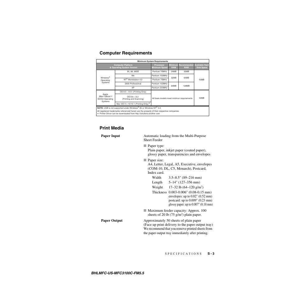 Computer requirements, Print media, Computer requirements print media | Brother MFC-3100C User Manual | Page 197 / 210