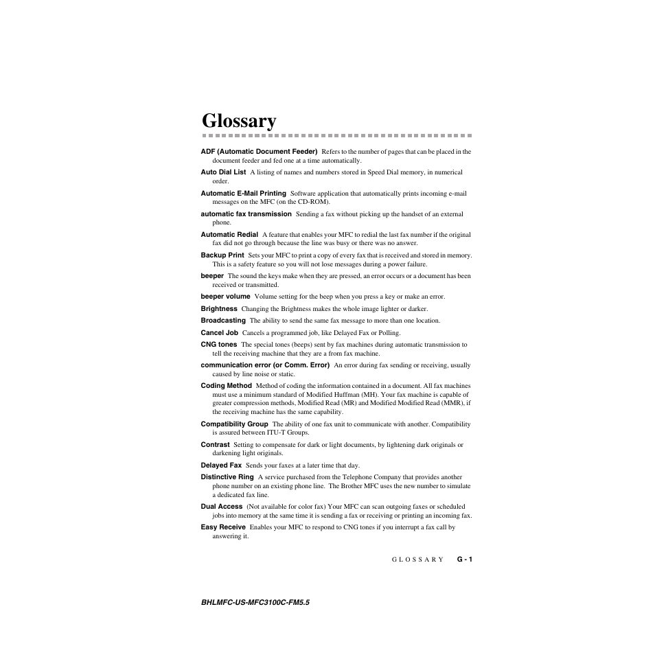 Glossary | Brother MFC-3100C User Manual | Page 199 / 210