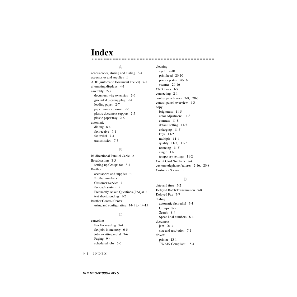 Index | Brother MFC-3100C User Manual | Page 202 / 210