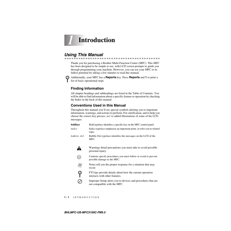 Introduction, Using this manual, Finding information | Conventions used in this manual | Brother MFC-3100C User Manual | Page 22 / 210