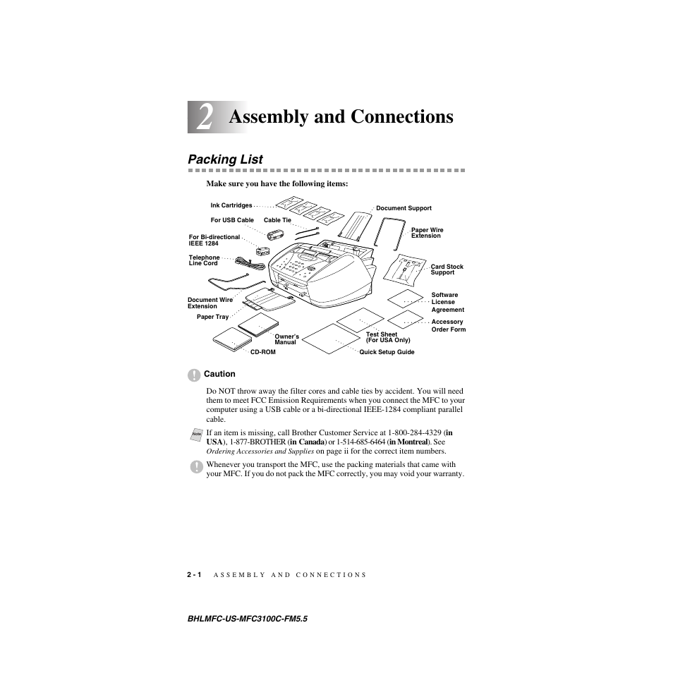 Assembly and connections, Packing list | Brother MFC-3100C User Manual | Page 28 / 210