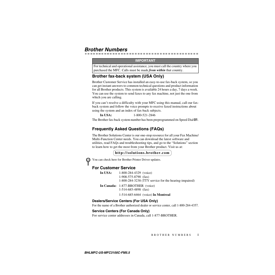 Brother numbers, Brother fax-back system (usa only), Frequently asked questions (faqs) | For customer service, Dealers/service centers (for usa only), Service centers (for canada only) | Brother MFC-3100C User Manual | Page 3 / 210