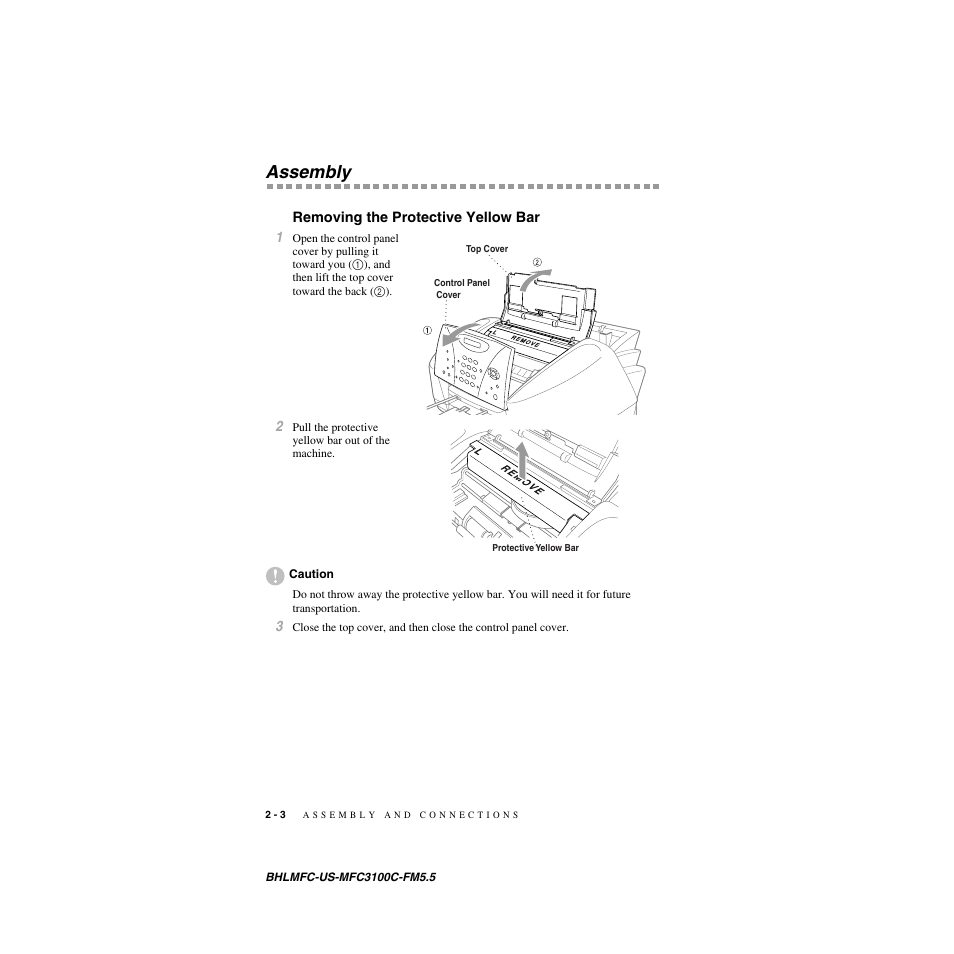 Assembly, Removing the protective yellow bar | Brother MFC-3100C User Manual | Page 30 / 210