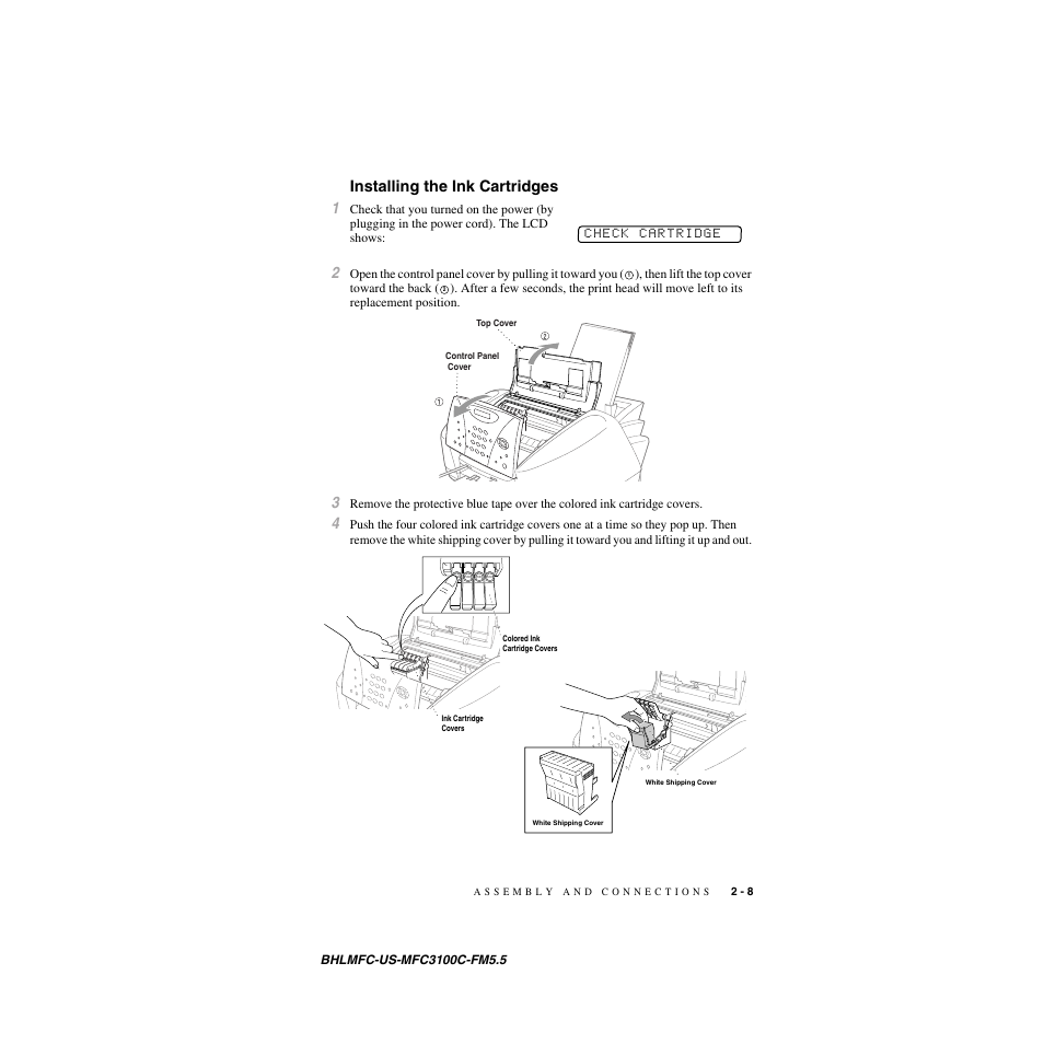 Installing the ink cartridges, Installing the ink cartridges 1 | Brother MFC-3100C User Manual | Page 35 / 210