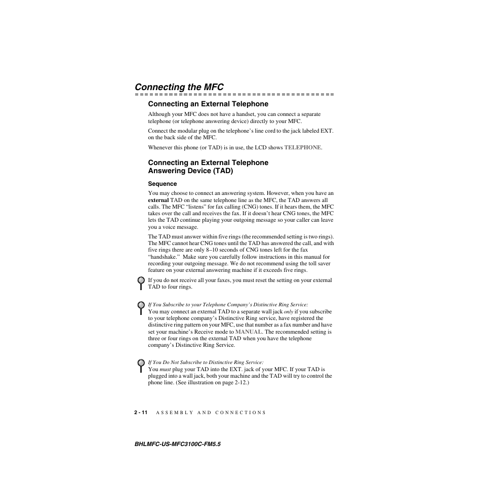 Connecting the mfc, Connecting an external telephone, Sequence | Brother MFC-3100C User Manual | Page 38 / 210