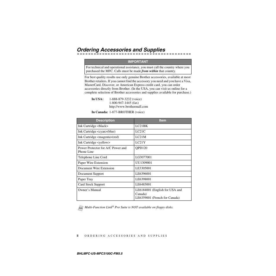 Ordering accessories and supplies | Brother MFC-3100C User Manual | Page 4 / 210