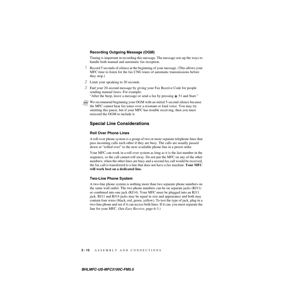 Recording outgoing message (ogm), Special line considerations, Roll over phone lines | Two-line phone system | Brother MFC-3100C User Manual | Page 40 / 210