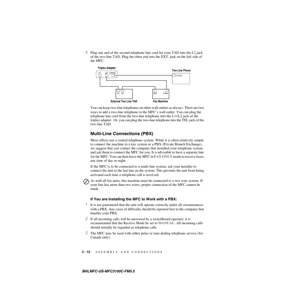 Multi-line connections (pbx), If you are installing the mfc to work with a pbx | Brother MFC-3100C User Manual | Page 42 / 210