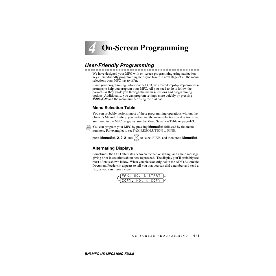 On-screen programming, User-friendly programming, Menu selection table | Alternating displays | Brother MFC-3100C User Manual | Page 47 / 210