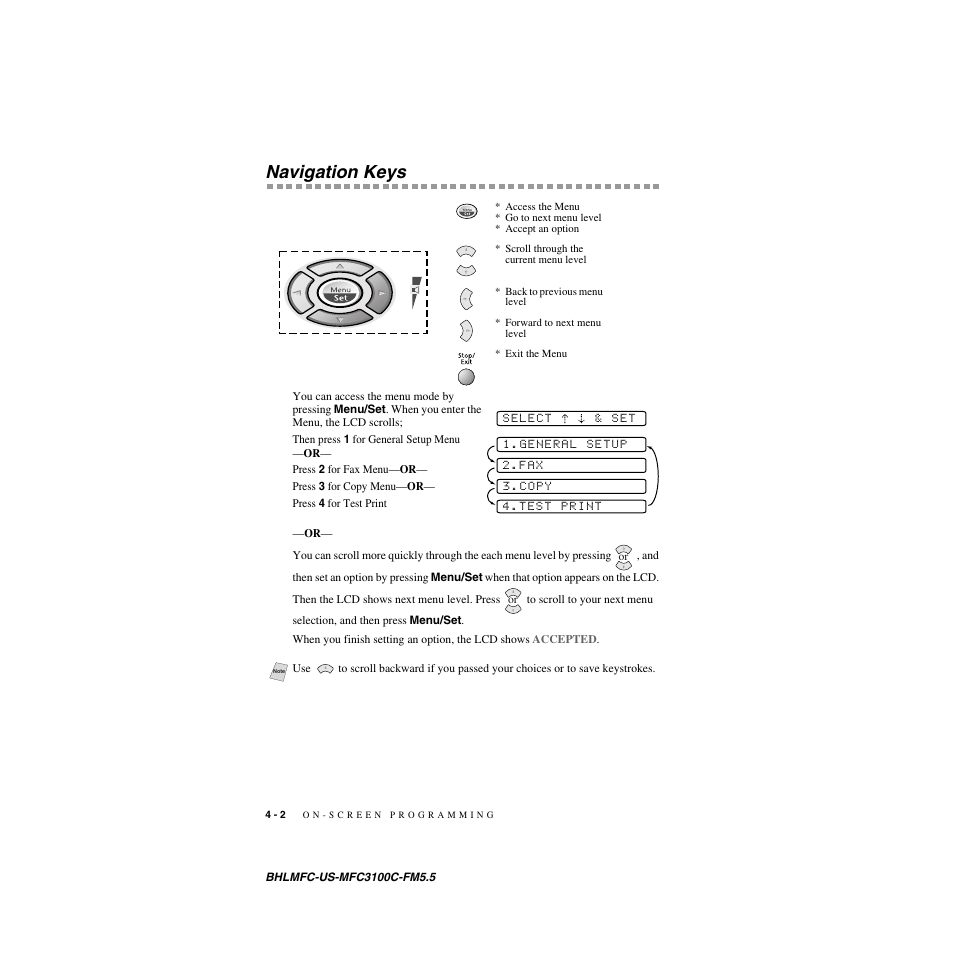 Navigation keys | Brother MFC-3100C User Manual | Page 48 / 210