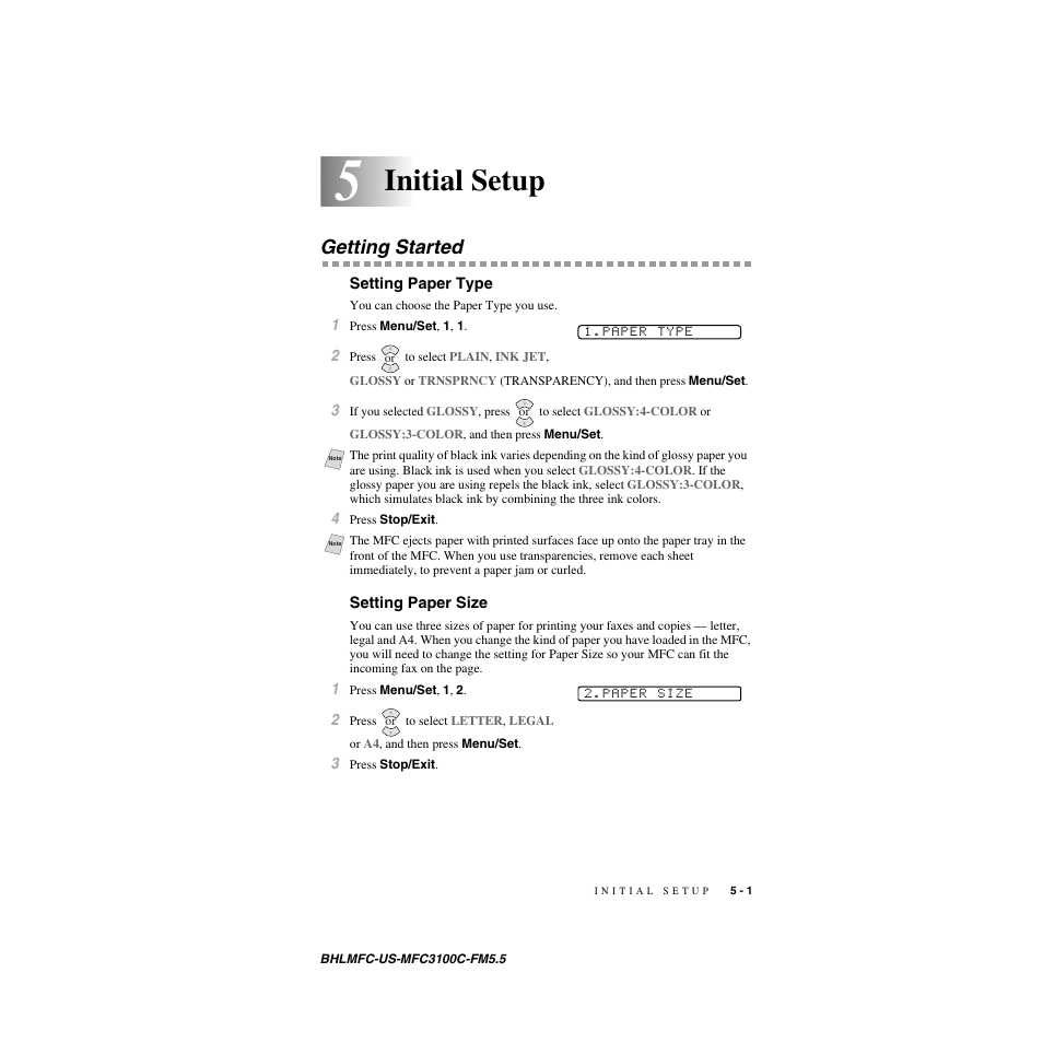 Initial setup, Getting started, Setting paper type | Setting paper size | Brother MFC-3100C User Manual | Page 53 / 210